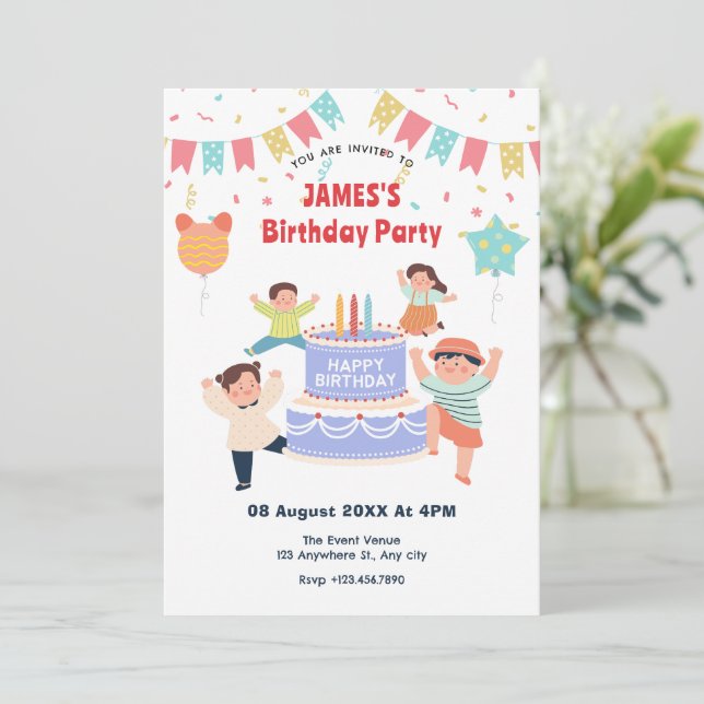 Colorful fun kids birthday party invitation (Standing Front)
