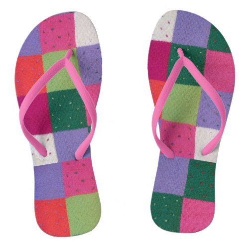 colorful fun knitted patchwork squares retro flip flops