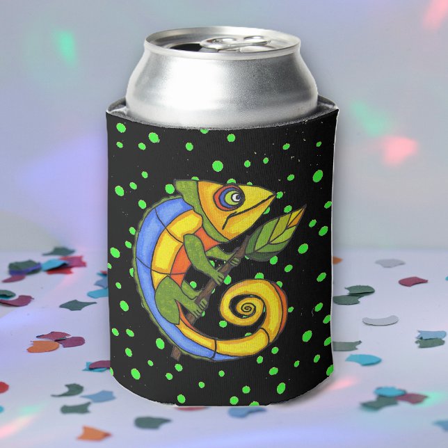 Colorful Fun Lizard Branch Dots Can Cooler (Fantasy colourful lizard holding leaf on twig on black with green dots drink can cooler.)