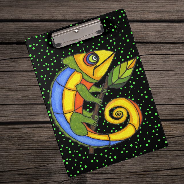 Colorful Fun Lizard Branch Dots Clipboard (Fantasy colourful lizard holding stick with leaf on black with green dots clipboard.)