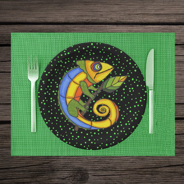 Colorful Fun Lizard Branch Dots Paper Plates (Brightly coloured fantasy lizard leaf on stick on black with green polka dots paper party plates.)