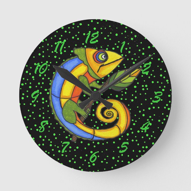 Colorful Fun Lizard Branch Dots Round Clock (Front)