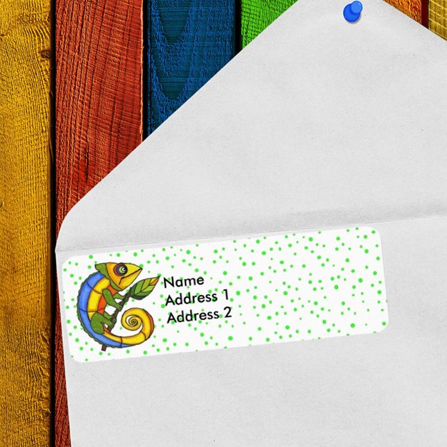 Colorful Fun Lizard Branch Green Dots Label (Return address label with fantasy colourful lizard on leaf with green polka dots.)