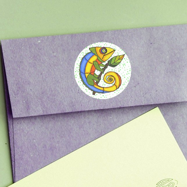 Colorful Fun Lizard Dots Classic Round Sticker (Brightly coloured lizard holding stick with green leaf on white with green polka dots round sticker.)