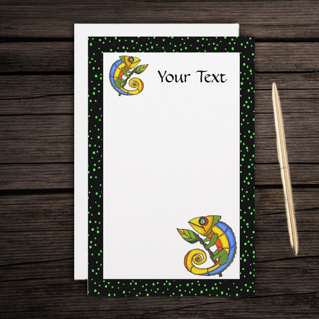 Colorful Fun Lizard on a Branch Stationery (Two cute colourful fantasy lizards green leaves on white with black green dotted border stationery.)