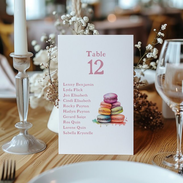 Colorful fun macaroons Table Number Seating Chart (Watercolor bright macaroons Table Number card and name list)