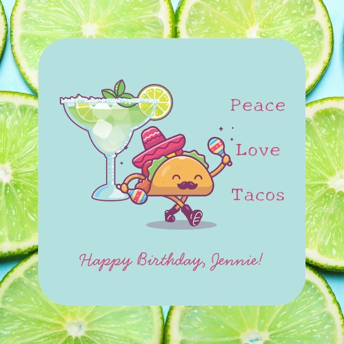 Colorful Fun Margaritas  Tacos Happy Birthday  Square Sticker