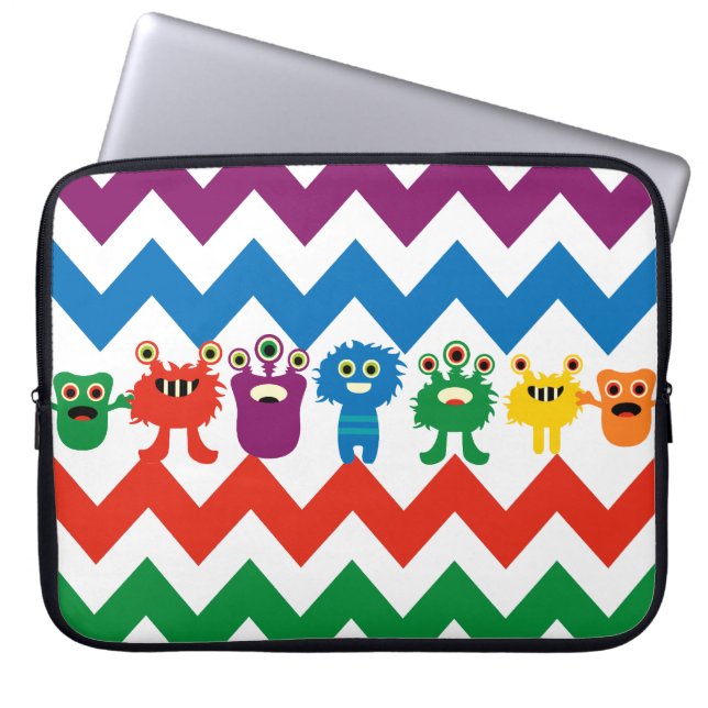 Colorful Fun Monsters Cute Chevron Striped Pattern Laptop Sleeve (Front)