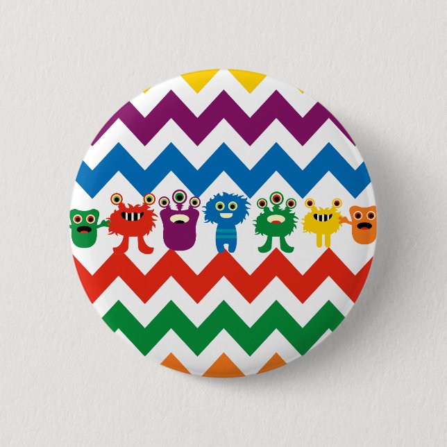 Colorful Fun Monsters Cute Chevron Striped Pattern Pinback Button (Front)