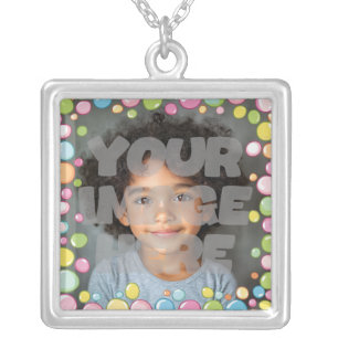 Colorful Fun Pastel Bubble Frame Border for Photos Silver Plated Necklace