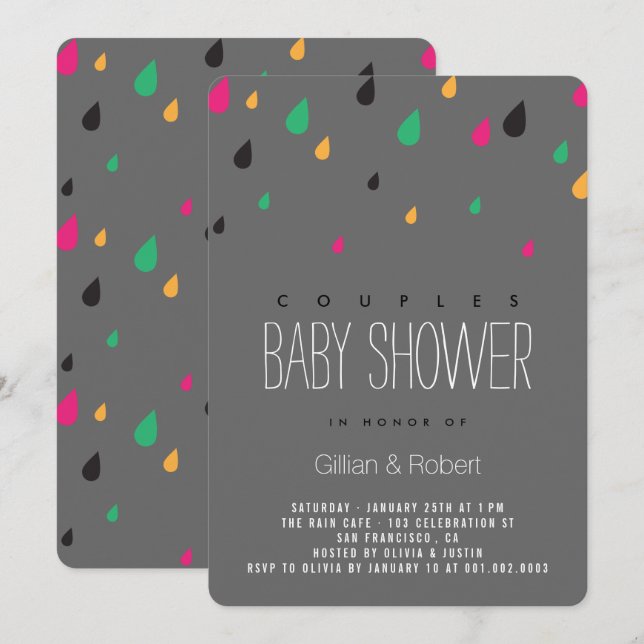 Colorful Fun Raindrops Couples Baby Shower Invite (Front/Back)