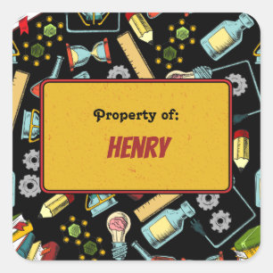 Colorful Fun School Science Pattern Personalized Square Sticker