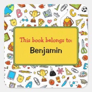 Colorful Fun School Supplies Pattern Personalized Square Sticker
