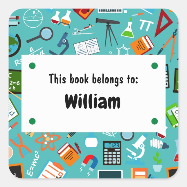 Colorful Fun School Supplies Pattern Personalized Square Sticker (Front)
