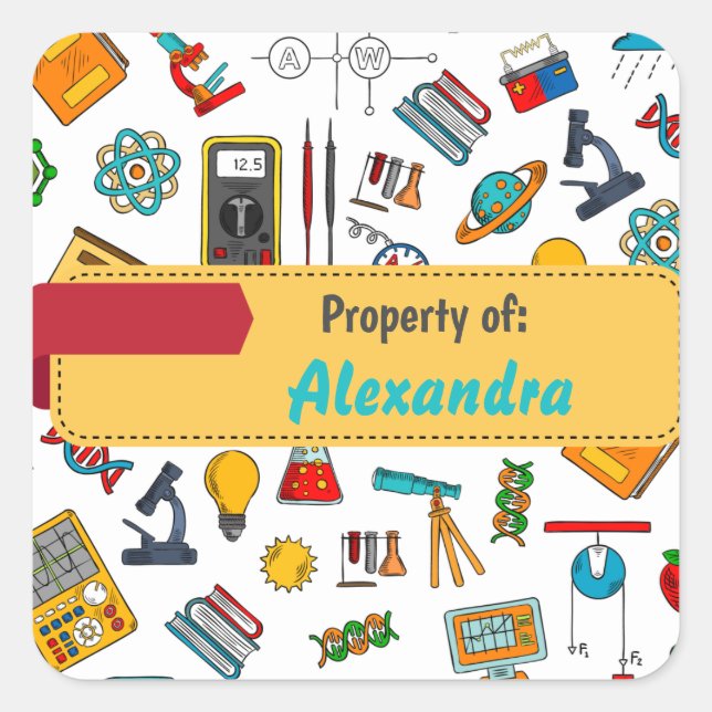 Colorful Fun School Supplies Pattern Personalized  Square Sticker (Front)