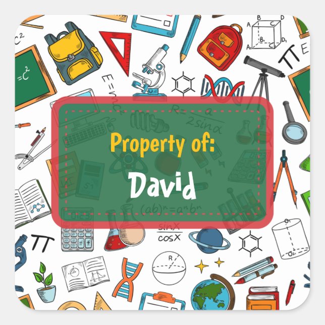 Colorful Fun School  Supplies Pattern Personalized Square Sticker (Front)