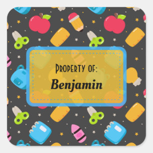 Colorful Fun School Supplies Pattern Personalized Square Sticker