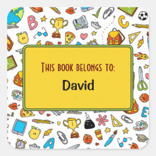 Colorful Fun School Supplies Pattern Personalized Square Sticker