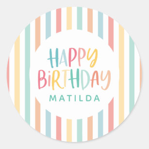 Colorful fun stripe happy birthday classic round sticker