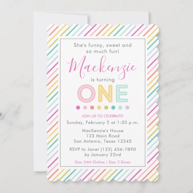 Colorful Fun Stripes First Birthday Invitation (Front)