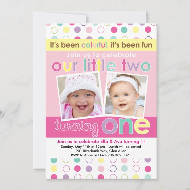 Colorful Fun Twin Girls First Birthday Invitation (Front)