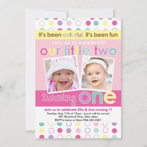 Colorful Fun Twin Girls First Birthday Invitation