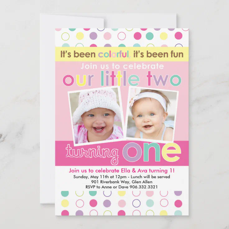 Colorful Fun Twin Girls First Birthday Invitation | Zazzle