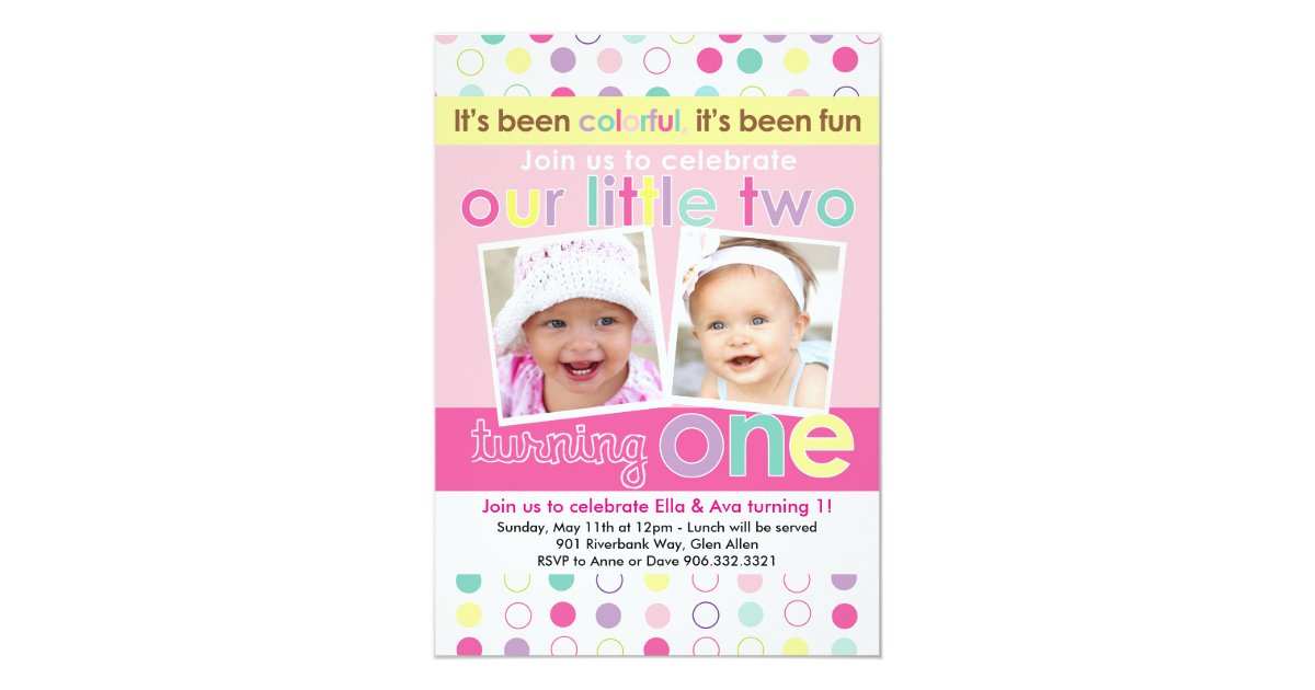 Colorful Fun Twin Girls First Birthday Invitation Zazzle Com