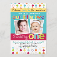 Colorful Fun Twins First Birthday Invitation