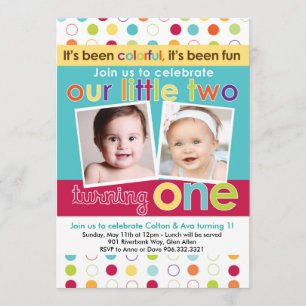 Colorful Fun Twins First Birthday Invitation
