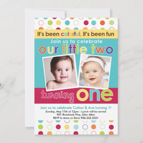 Colorful Fun Twins First Birthday Invitation