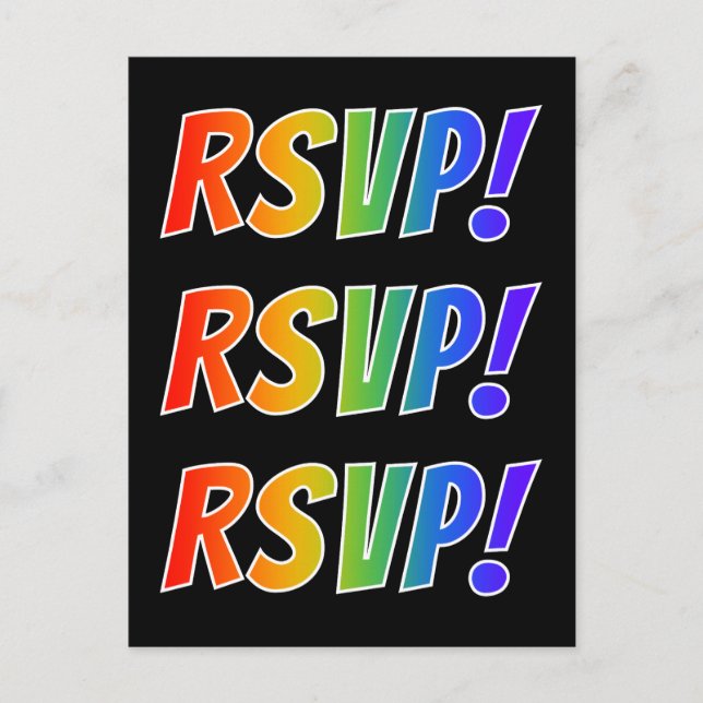 Colorful, Fun, Vibrant Rainbow Letters "RSVP!" Postcard (Front)