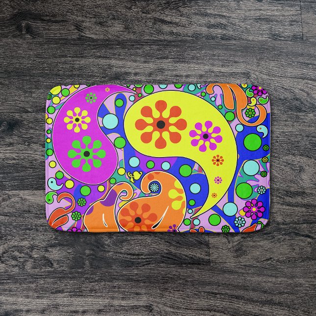 Colorful Funky Flowers Retro Paisley Hippie Bath Mat (Creator Uploaded)