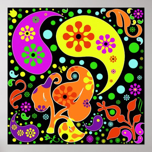 Colorful Funky Flowers Retro Paisley Hippie Poster