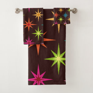Colorful Funky Mid Century Atomic Starbursts Bath Towel Set