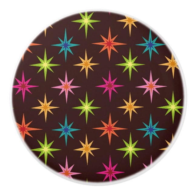 Colorful Funky Mid Century Atomic Starbursts   Ceramic Knob (Front)