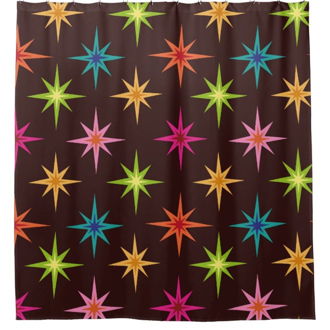 Colorful Funky Mid Century Atomic Starbursts   Shower Curtain (Front)