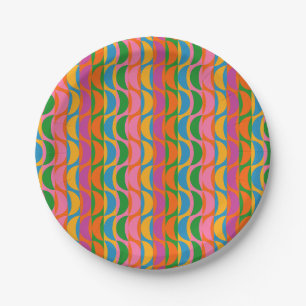 Colorful Funky Pop Art Wavy Moon Stripes Pattern Paper Plates