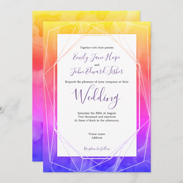 Colorful Funky Watercolors/Geometric Wedding Invitation (Front/Back)