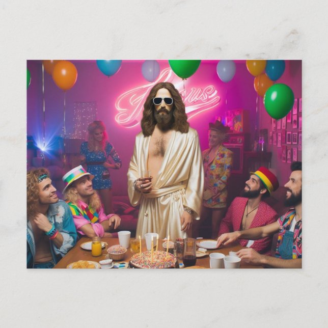 Colorful Funny 1980s Happy Birthday Jesus Postcard (Front)