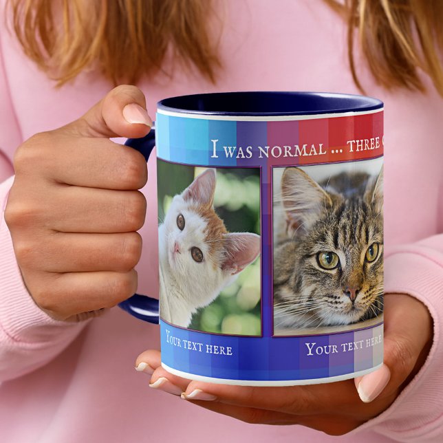 Colorful Funny Cats Custom Photo Mug (Photo mug featuring your own favorite (cat) photos framed by a colorful checkered design.)