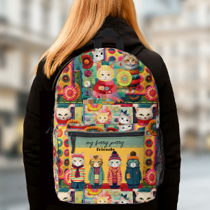 Colorful Funny Cats Quilt Patchwork Retro Printed Backpack