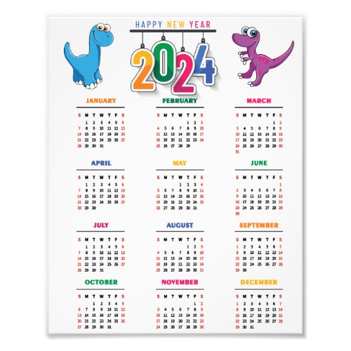 Colorful Funny Dinosaur 2024 Calendar  Photo Print