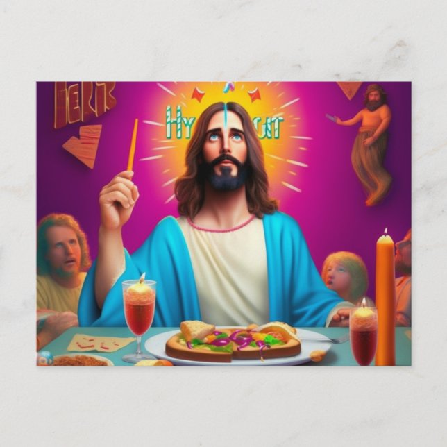 Colorful Funny Jesus at his Birthday Postcard (Front)