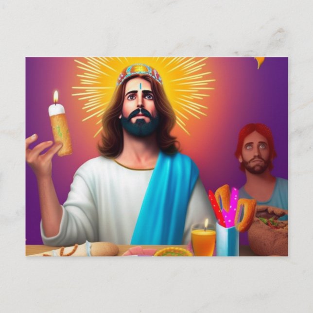 Colorful Funny Jesus at his Birthday Postcard (Front)