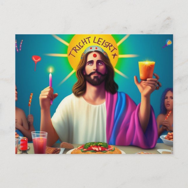 Colorful Funny Jesus at his Birthday Postcard (Front)