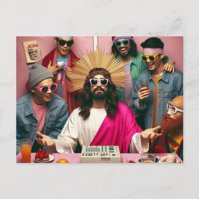 Colorful Funny Jesus at his Birthday Punk Rock Postcard (Front)