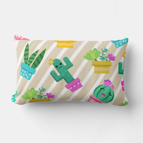 Colorful Funny Kawaii Cactus  Succulents Lumbar Pillow