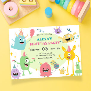 Colorful funny monster party birthday invitation