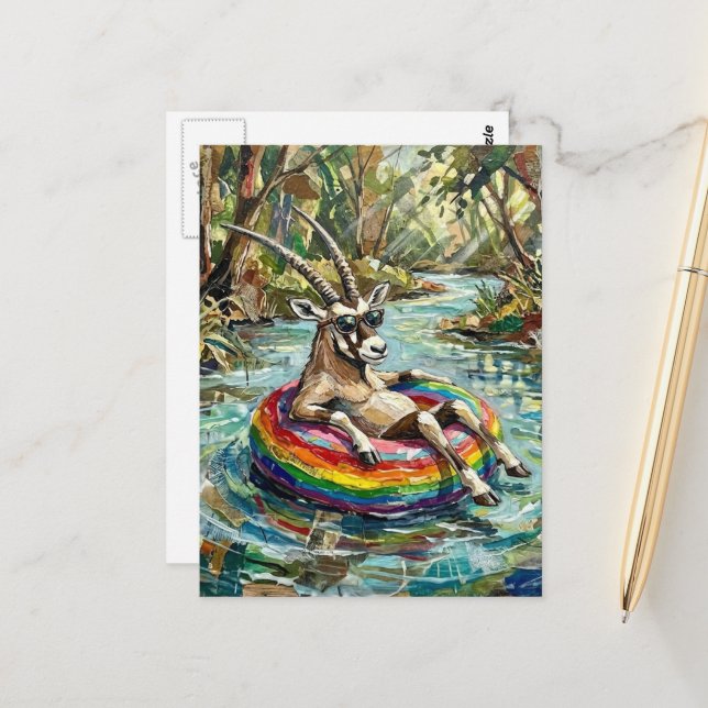Colorful Funny Oryx on a Float Trip Postcard (Front/Back In Situ)